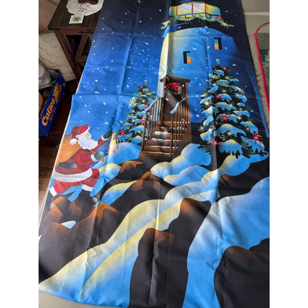 Christmas Shower Curtain with Santa Lighthouse Presents & Snow